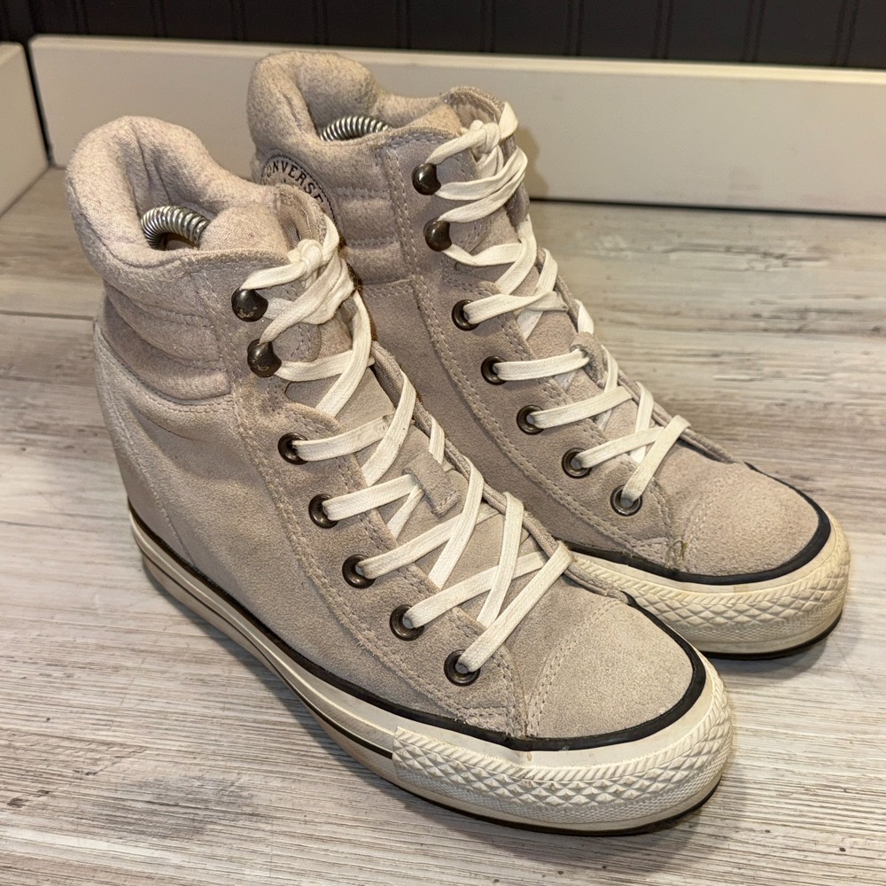 Converse All Star Womens Shoes Sz 8 Hidden Wedge Hi Platform Suede Beige